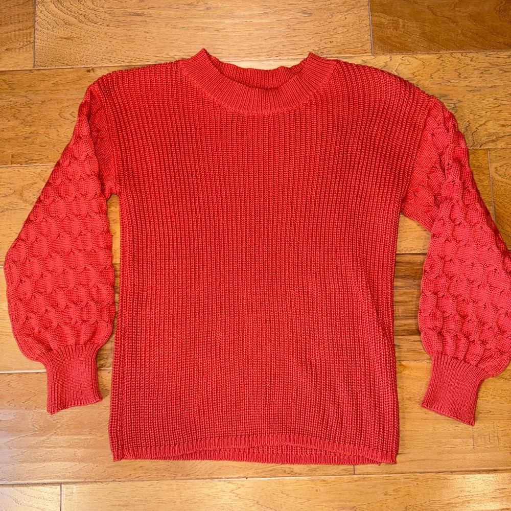 Orange Textured Sleeve Knit Sweater | Balloon Sleeve Crewneck